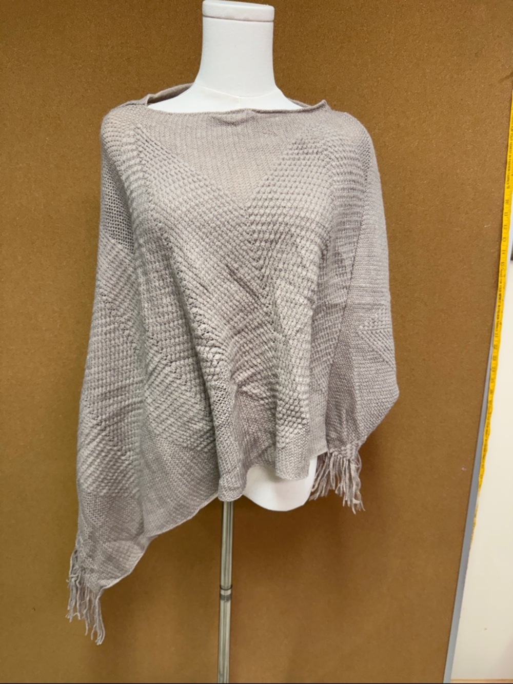 Textured Taupe Knit Poncho with Fringe - Women's Layering Top